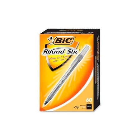 Bic Round Stic Ballpoint Pen, Medium, Black Ink, 60/Box GSM609BK